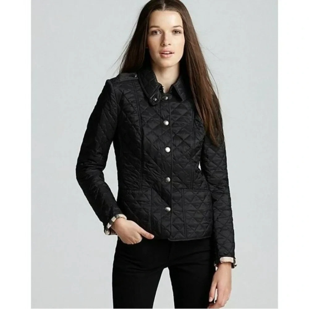 Burberry Brit Kencott Diamond Quilted Black Snap Close Nova Check Lined Jacket‎
